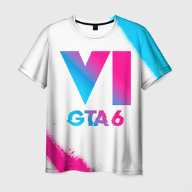 Мужская футболка 3D с принтом GTA 6 neon gradient style в Петрозаводске, 100% полиэфир | прямой крой, круглый вырез горловины, длина до линии бедер | Тематика изображения на принте: 