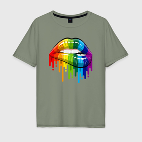 Мужская футболка хлопок Oversize с принтом Rainbow lips в Екатеринбурге, 100% хлопок | свободный крой, круглый ворот, “спинка” длиннее передней части | Тематика изображения на принте: 
