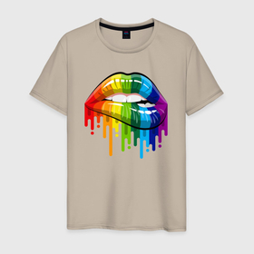 Мужская футболка хлопок с принтом Rainbow lips в Белгороде, 100% хлопок | прямой крой, круглый вырез горловины, длина до линии бедер, слегка спущенное плечо. | 