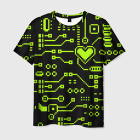 Мужская футболка 3D с принтом Сердце и микросхемы , 100% полиэфир | прямой крой, круглый вырез горловины, длина до линии бедер | Тематика изображения на принте: 