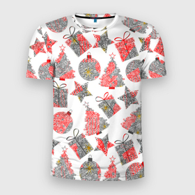 Мужская футболка 3D Slim с принтом Праздничные узоры подарки в Курске, 100% полиэстер с улучшенными характеристиками | приталенный силуэт, круглая горловина, широкие плечи, сужается к линии бедра | 