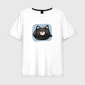Мужская футболка хлопок Oversize с принтом Новогодний котенок в Екатеринбурге, 100% хлопок | свободный крой, круглый ворот, “спинка” длиннее передней части | Тематика изображения на принте: 