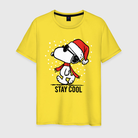 Мужская футболка хлопок с принтом Snoopy stay cool в Петрозаводске, 100% хлопок | прямой крой, круглый вырез горловины, длина до линии бедер, слегка спущенное плечо. | 