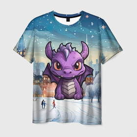 Мужская футболка 3D с принтом Фиолетовый недовольный дракон в Кировске, 100% полиэфир | прямой крой, круглый вырез горловины, длина до линии бедер | Тематика изображения на принте: 