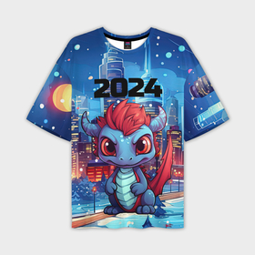 Мужская футболка oversize 3D с принтом Синий дракон на фоне большого города в Курске,  |  | 