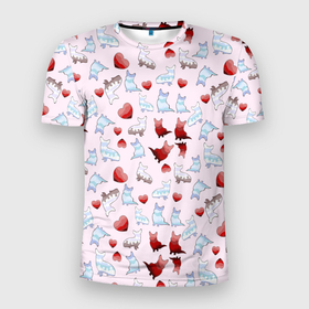 Мужская футболка 3D Slim с принтом Корги и сердца на розовом фоне в Тюмени, 100% полиэстер с улучшенными характеристиками | приталенный силуэт, круглая горловина, широкие плечи, сужается к линии бедра | Тематика изображения на принте: 