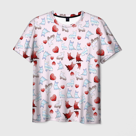 Мужская футболка 3D с принтом Корги и сердца на розовом фоне в Санкт-Петербурге, 100% полиэфир | прямой крой, круглый вырез горловины, длина до линии бедер | 