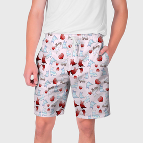 Мужские шорты 3D с принтом Корги и сердца на розовом фоне в Тюмени,  полиэстер 100% | прямой крой, два кармана без застежек по бокам. Мягкая трикотажная резинка на поясе, внутри которой широкие завязки. Длина чуть выше колен | 