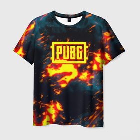 Мужская футболка 3D с принтом PUBG огненое лого в Белгороде, 100% полиэфир | прямой крой, круглый вырез горловины, длина до линии бедер | 