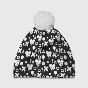 Шапка 3D c помпоном с принтом Черно белые фигурки в Тюмени, 100% полиэстер | универсальный размер, печать по всей поверхности изделия | Тематика изображения на принте: 