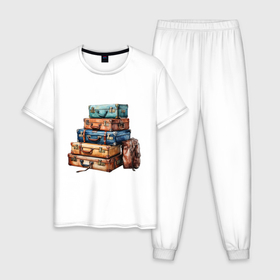 Мужская пижама хлопок с принтом Старые чемоданы в Петрозаводске, 100% хлопок | брюки и футболка прямого кроя, без карманов, на брюках мягкая резинка на поясе и по низу штанин
 | 