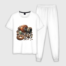 Мужская пижама хлопок с принтом Ржавые шестеренки в Екатеринбурге, 100% хлопок | брюки и футболка прямого кроя, без карманов, на брюках мягкая резинка на поясе и по низу штанин
 | 