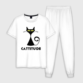 Мужская пижама хлопок с принтом Cattitude в Екатеринбурге, 100% хлопок | брюки и футболка прямого кроя, без карманов, на брюках мягкая резинка на поясе и по низу штанин
 | Тематика изображения на принте: 