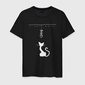 Мужская футболка хлопок с принтом Котик смотрит на рыбку в Тюмени, 100% хлопок | прямой крой, круглый вырез горловины, длина до линии бедер, слегка спущенное плечо. | 