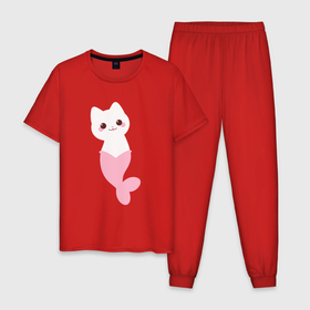 Мужская пижама хлопок с принтом Кошка русалочка в Тюмени, 100% хлопок | брюки и футболка прямого кроя, без карманов, на брюках мягкая резинка на поясе и по низу штанин
 | 