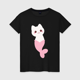 Женская футболка хлопок с принтом Кошка русалочка в Тюмени, 100% хлопок | прямой крой, круглый вырез горловины, длина до линии бедер, слегка спущенное плечо | 