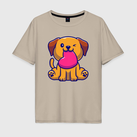 Мужская футболка хлопок Oversize с принтом Собачка с сердечком в Екатеринбурге, 100% хлопок | свободный крой, круглый ворот, “спинка” длиннее передней части | 