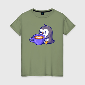 Женская футболка хлопок с принтом Пингвин с чашкой кофе в Петрозаводске, 100% хлопок | прямой крой, круглый вырез горловины, длина до линии бедер, слегка спущенное плечо | 
