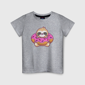 Детская футболка хлопок с принтом Ленивец в пончике в Курске, 100% хлопок | круглый вырез горловины, полуприлегающий силуэт, длина до линии бедер | Тематика изображения на принте: 