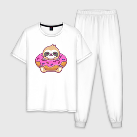 Мужская пижама хлопок с принтом Ленивец в пончике в Курске, 100% хлопок | брюки и футболка прямого кроя, без карманов, на брюках мягкая резинка на поясе и по низу штанин
 | Тематика изображения на принте: 