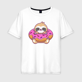 Мужская футболка хлопок Oversize с принтом Ленивец в пончике в Курске, 100% хлопок | свободный крой, круглый ворот, “спинка” длиннее передней части | Тематика изображения на принте: 