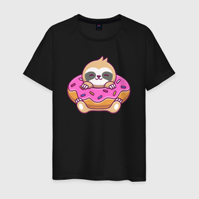 Мужская футболка хлопок с принтом Ленивец в пончике в Белгороде, 100% хлопок | прямой крой, круглый вырез горловины, длина до линии бедер, слегка спущенное плечо. | 