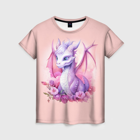 Женская футболка 3D с принтом Дракончик с цветами , 100% полиэфир ( синтетическое хлопкоподобное полотно) | прямой крой, круглый вырез горловины, длина до линии бедер | 