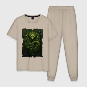 Мужская пижама хлопок с принтом Зеленый дракон орнамент в Тюмени, 100% хлопок | брюки и футболка прямого кроя, без карманов, на брюках мягкая резинка на поясе и по низу штанин
 | Тематика изображения на принте: 