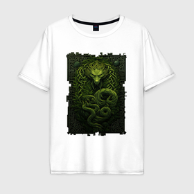 Мужская футболка хлопок Oversize с принтом Зеленый дракон орнамент в Новосибирске, 100% хлопок | свободный крой, круглый ворот, “спинка” длиннее передней части | 