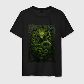 Мужская футболка хлопок с принтом Зеленый дракон орнамент в Тюмени, 100% хлопок | прямой крой, круглый вырез горловины, длина до линии бедер, слегка спущенное плечо. | Тематика изображения на принте: 