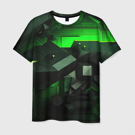 Мужская футболка 3D с принтом Зеленая  геометрическая  абстракция в Кировске, 100% полиэфир | прямой крой, круглый вырез горловины, длина до линии бедер | 