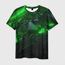 Мужская футболка 3D с принтом Зеленая  и  черная   абстракция   геометрическая в Петрозаводске, 100% полиэфир | прямой крой, круглый вырез горловины, длина до линии бедер | 