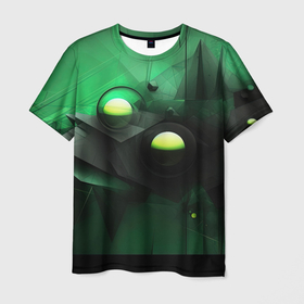 Мужская футболка 3D с принтом Зеленая и черная   абстракция   геометрическая в Кировске, 100% полиэфир | прямой крой, круглый вырез горловины, длина до линии бедер | 