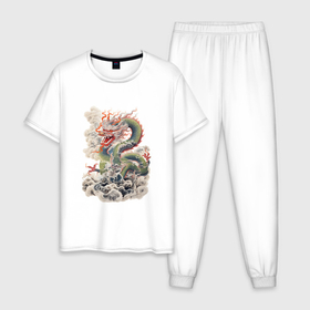 Мужская пижама хлопок с принтом Старинный китайский дракон в Кировске, 100% хлопок | брюки и футболка прямого кроя, без карманов, на брюках мягкая резинка на поясе и по низу штанин
 | 