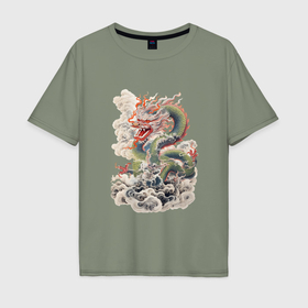 Мужская футболка хлопок Oversize с принтом Старинный китайский дракон в Кировске, 100% хлопок | свободный крой, круглый ворот, “спинка” длиннее передней части | 