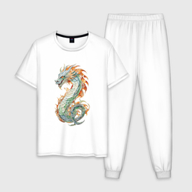 Мужская пижама хлопок с принтом Китайский дракон витраж в Тюмени, 100% хлопок | брюки и футболка прямого кроя, без карманов, на брюках мягкая резинка на поясе и по низу штанин
 | 
