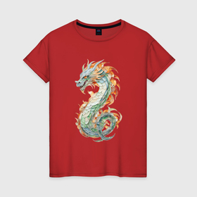 Женская футболка хлопок с принтом Китайский дракон витраж в Тюмени, 100% хлопок | прямой крой, круглый вырез горловины, длина до линии бедер, слегка спущенное плечо | 