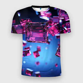 Мужская футболка 3D Slim с принтом Фиолетовые прозрачные кубики в Белгороде, 100% полиэстер с улучшенными характеристиками | приталенный силуэт, круглая горловина, широкие плечи, сужается к линии бедра | Тематика изображения на принте: 