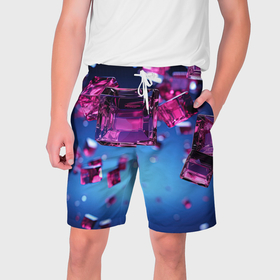 Мужские шорты 3D с принтом Фиолетовые прозрачные кубики в Белгороде,  полиэстер 100% | прямой крой, два кармана без застежек по бокам. Мягкая трикотажная резинка на поясе, внутри которой широкие завязки. Длина чуть выше колен | 