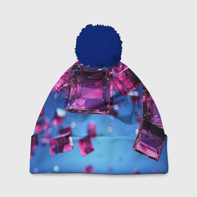 Шапка 3D c помпоном с принтом Фиолетовые прозрачные кубики в Санкт-Петербурге, 100% полиэстер | универсальный размер, печать по всей поверхности изделия | 