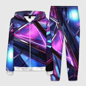 Мужской костюм 3D с принтом Фиолетовые абстрактные треугольники в Екатеринбурге, 100% полиэстер | Манжеты и пояс оформлены тканевой резинкой, двухслойный капюшон со шнурком для регулировки, карманы спереди | 