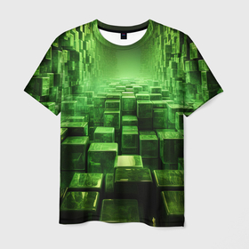 Мужская футболка 3D с принтом Зеленые квадраты в лабиринте в Тюмени, 100% полиэфир | прямой крой, круглый вырез горловины, длина до линии бедер | 