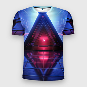 Мужская футболка 3D Slim с принтом Фиолетовое свечение за треугольной абстракцией в Екатеринбурге, 100% полиэстер с улучшенными характеристиками | приталенный силуэт, круглая горловина, широкие плечи, сужается к линии бедра | Тематика изображения на принте: 