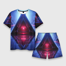 Мужской костюм с шортами 3D с принтом Фиолетовое свечение за треугольной абстракцией в Курске,  |  | 