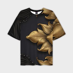 Мужская футболка oversize 3D с принтом Золотые объемные листья на черном фоне в Екатеринбурге,  |  | Тематика изображения на принте: 