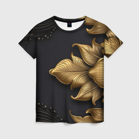 Женская футболка 3D с принтом Золотые объемные листья на черном фоне в Тюмени, 100% полиэфир ( синтетическое хлопкоподобное полотно) | прямой крой, круглый вырез горловины, длина до линии бедер | 