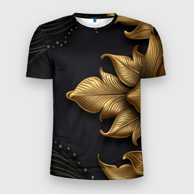 Мужская футболка 3D Slim с принтом Золотые объемные листья на черном фоне в Екатеринбурге, 100% полиэстер с улучшенными характеристиками | приталенный силуэт, круглая горловина, широкие плечи, сужается к линии бедра | 
