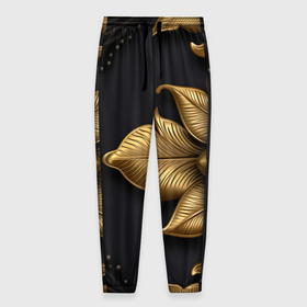 Мужские брюки 3D с принтом Золотые объемные листья на черном фоне в Екатеринбурге, 100% полиэстер | манжеты по низу, эластичный пояс регулируется шнурком, по бокам два кармана без застежек, внутренняя часть кармана из мелкой сетки | 