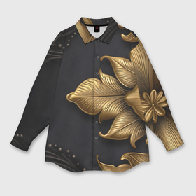 Мужская рубашка oversize 3D с принтом Золотые объемные листья на черном фоне в Екатеринбурге,  |  | Тематика изображения на принте: 