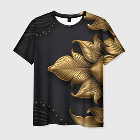 Мужская футболка 3D с принтом Золотые объемные листья на черном фоне в Екатеринбурге, 100% полиэфир | прямой крой, круглый вырез горловины, длина до линии бедер | Тематика изображения на принте: 